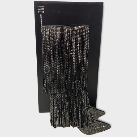 INC International Concepts Is Black and Silver Bling Fringe Heeled Boots Size 9M - Picture 6 of 16